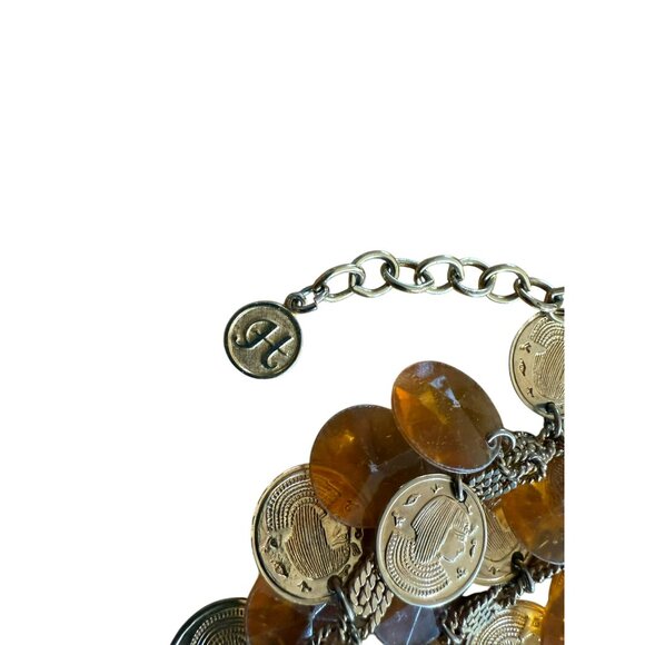 Vintage Signed HOBE Rare Egyptian Bib Necklace Lucite Yellow Beads & Gold Coins - Picture 3 of 6